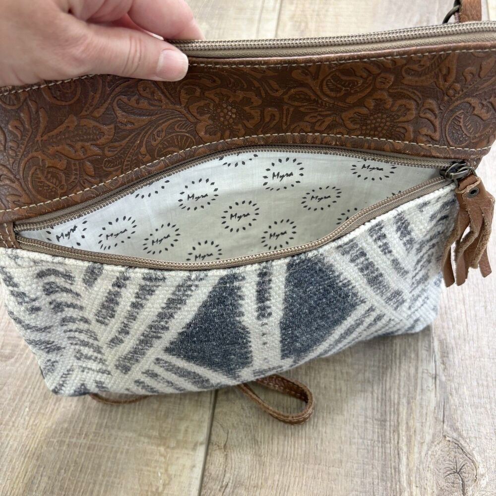 Myra Pastel Small Crossbody Purse Upcycled Cotton Leather Engraved Boho Western - Picture 9 of 12